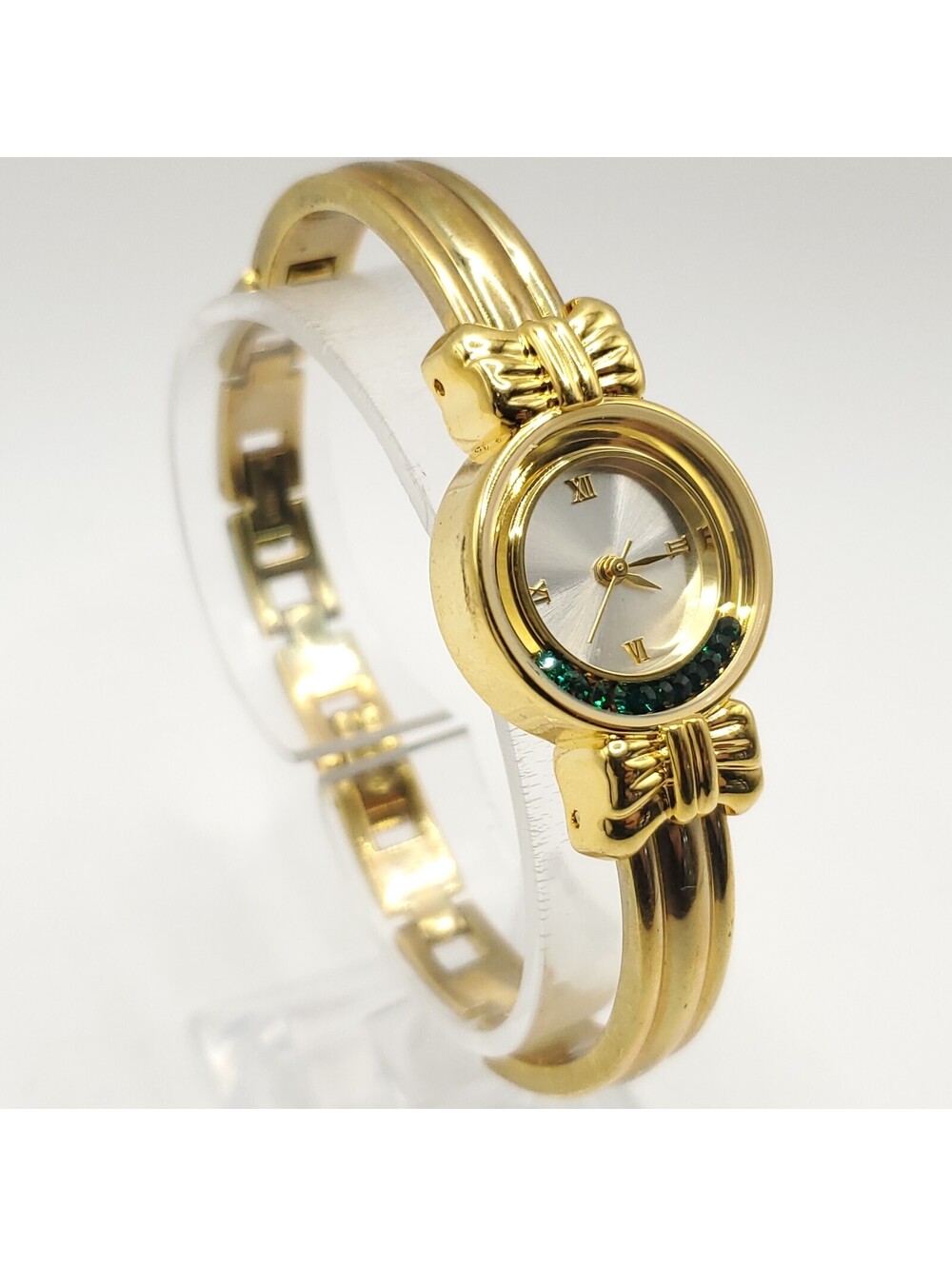 Quartz Womens Watch 22mm Gold Tone Green Moving Gem Bezel New Battery 7"